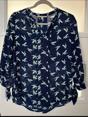 41 Hawthorne Women's Blouse S Hummingbird Melisa 3/4 Tie Sleeves Navy Print